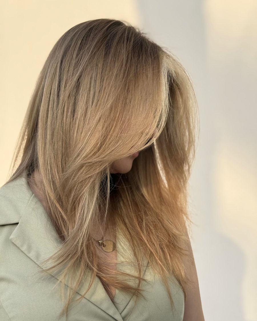 Long honey-blonde hair with long face-framing layers, worn straight with a soft bend at the ends.