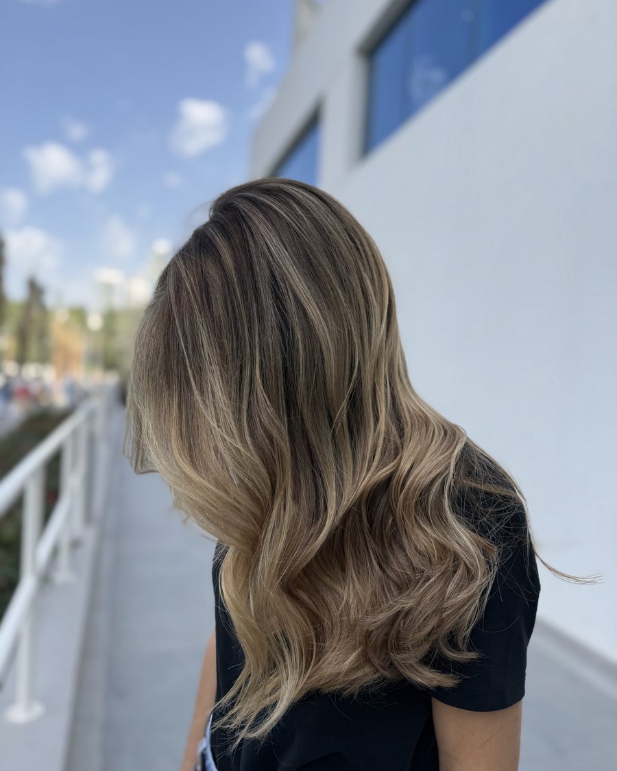 Long hair with a dark root melting into a golden-blonde balayage, waved through the lower lengths.